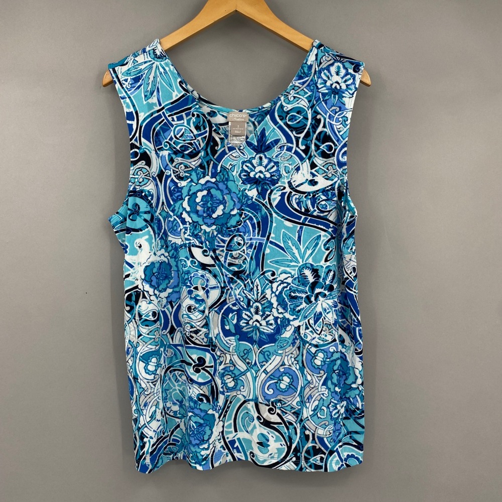 Chico's Travelers Printed Reversible Tank Top Womens Size 3 XL Blue Floral Tank